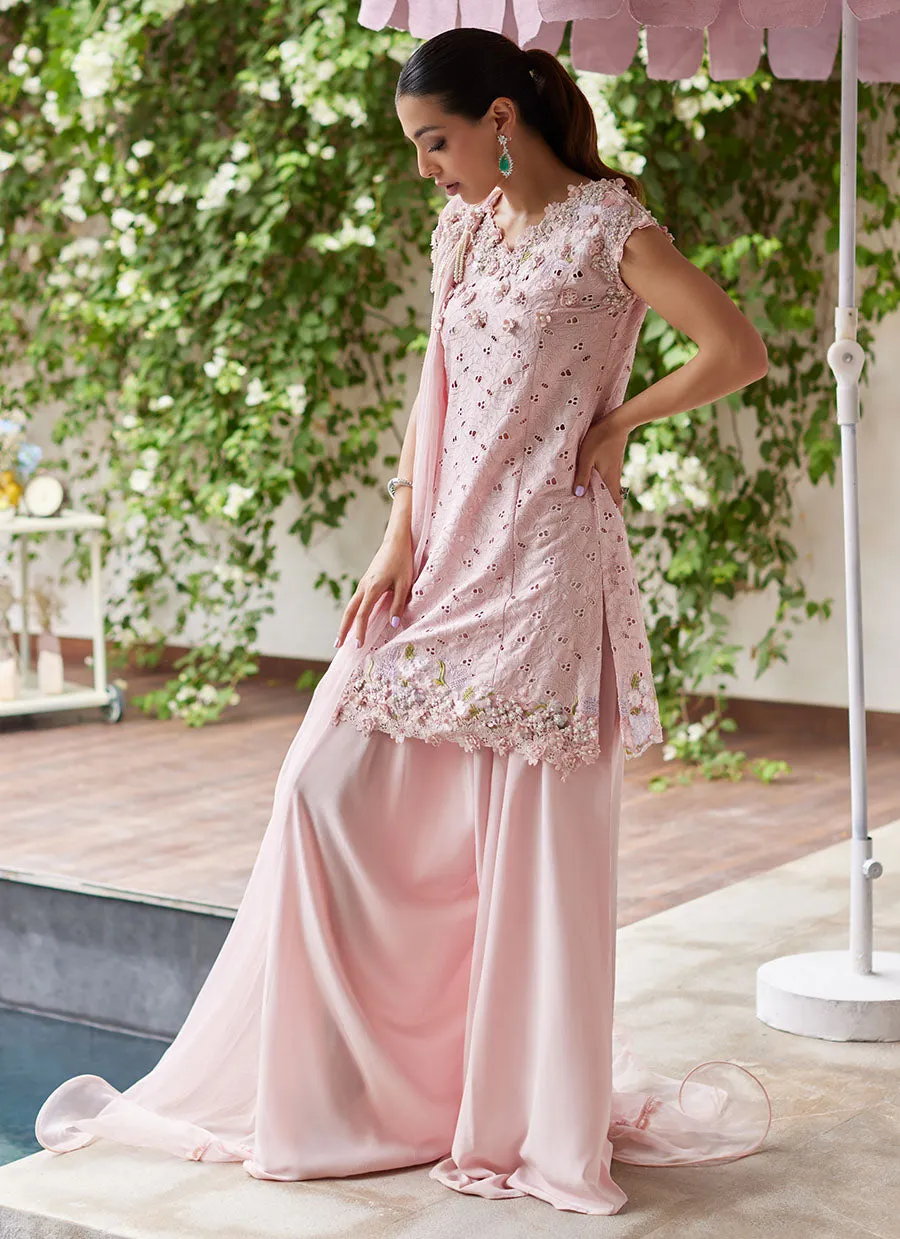 Karina Blush Schiffli Raw Silk Shirt with Pre-Draped Dupatta