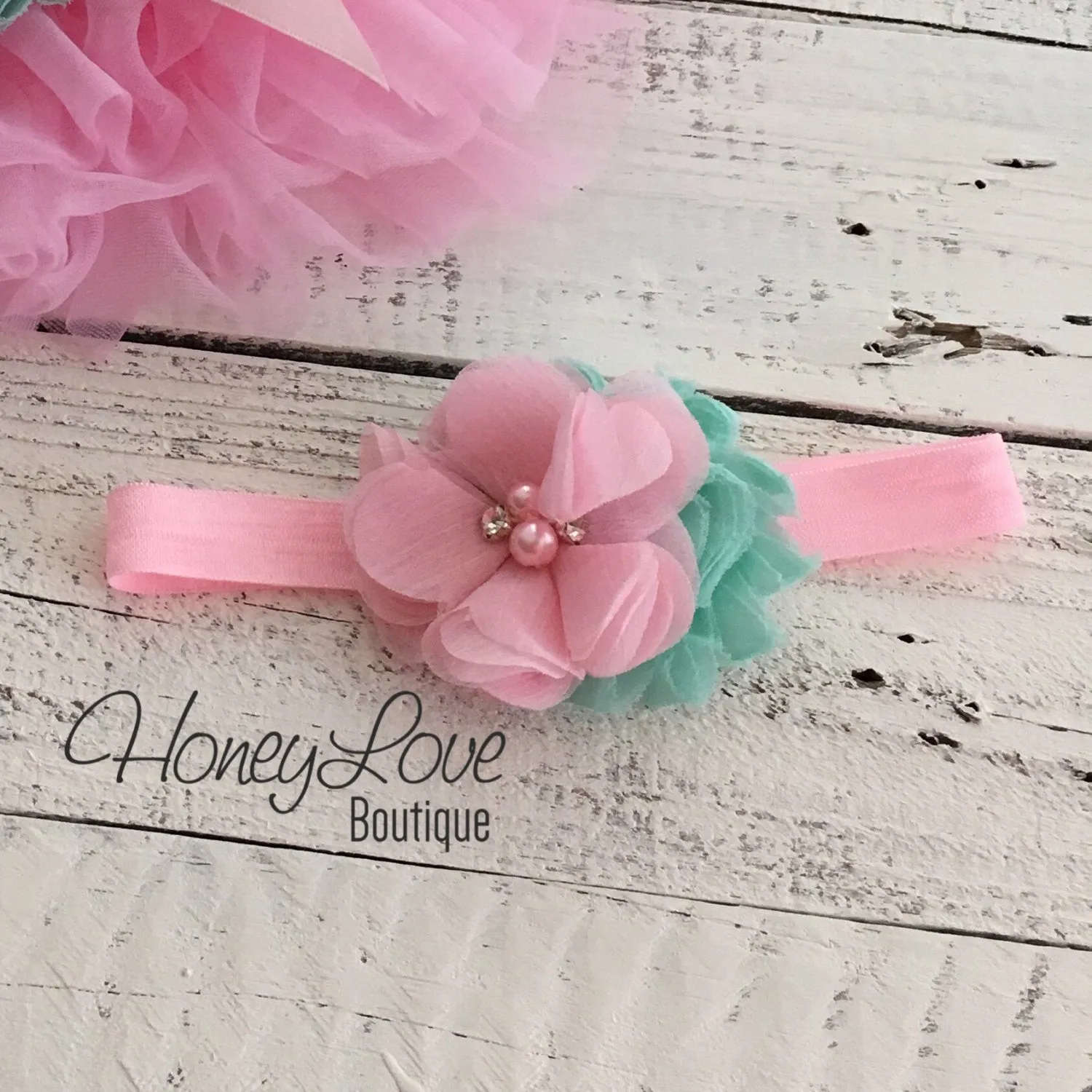 Light Pink and Mint/Aqua flower headband