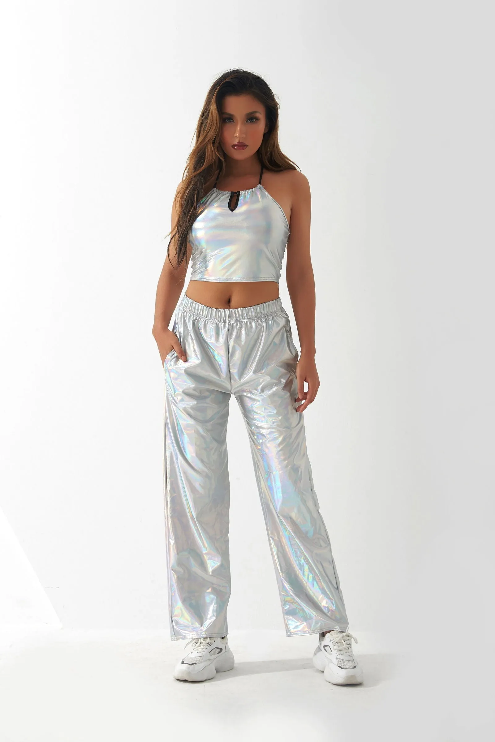 Metallic Coated Fabric Casual Pants Women High Street Design Aurora Laser Gradient High Waist Straight Pants All Matching Elastic Mop Pants