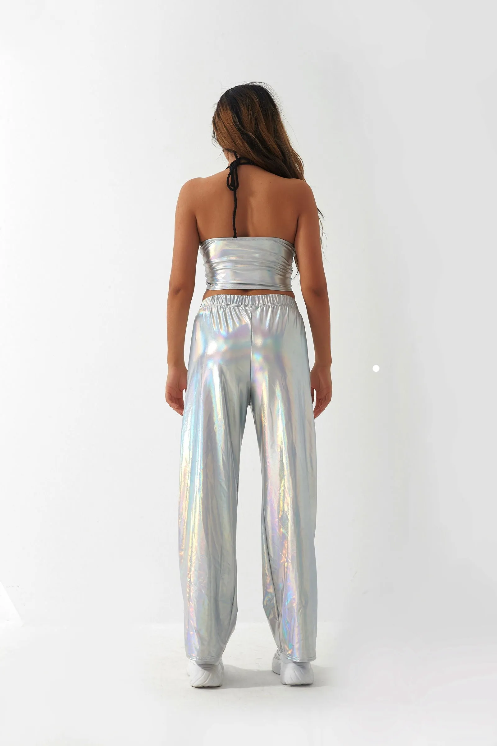 Metallic Coated Fabric Casual Pants Women High Street Design Aurora Laser Gradient High Waist Straight Pants All Matching Elastic Mop Pants