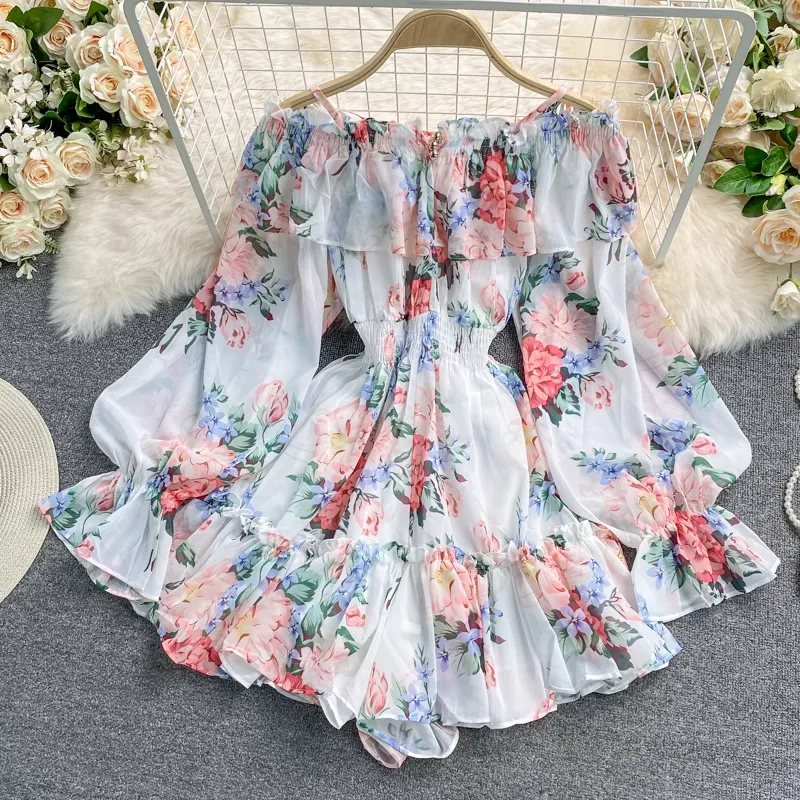 Off The Shoulder Printed Chiffon Jumpsuit Skirt Fairy Loose Shorts Jumpsuit 1340