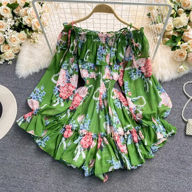 Off The Shoulder Printed Chiffon Jumpsuit Skirt Fairy Loose Shorts Jumpsuit 1340