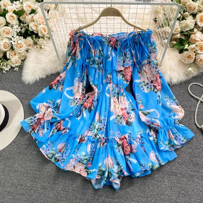 Off The Shoulder Printed Chiffon Jumpsuit Skirt Fairy Loose Shorts Jumpsuit 1340