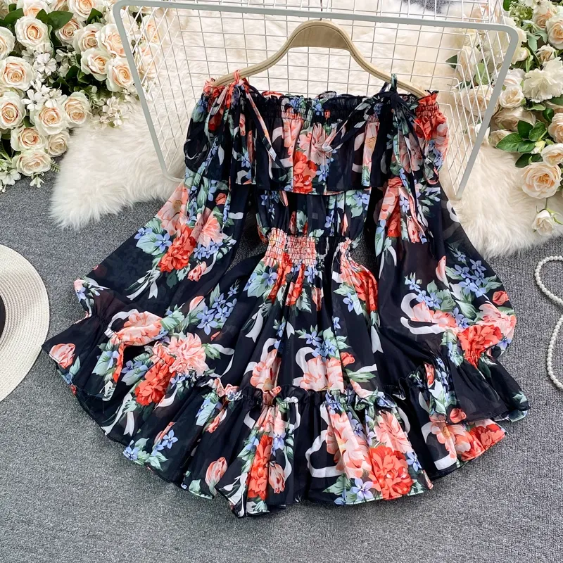 Off The Shoulder Printed Chiffon Jumpsuit Skirt Fairy Loose Shorts Jumpsuit 1340