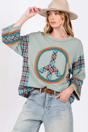 Peace Applique Patch Contrast Plaid Top