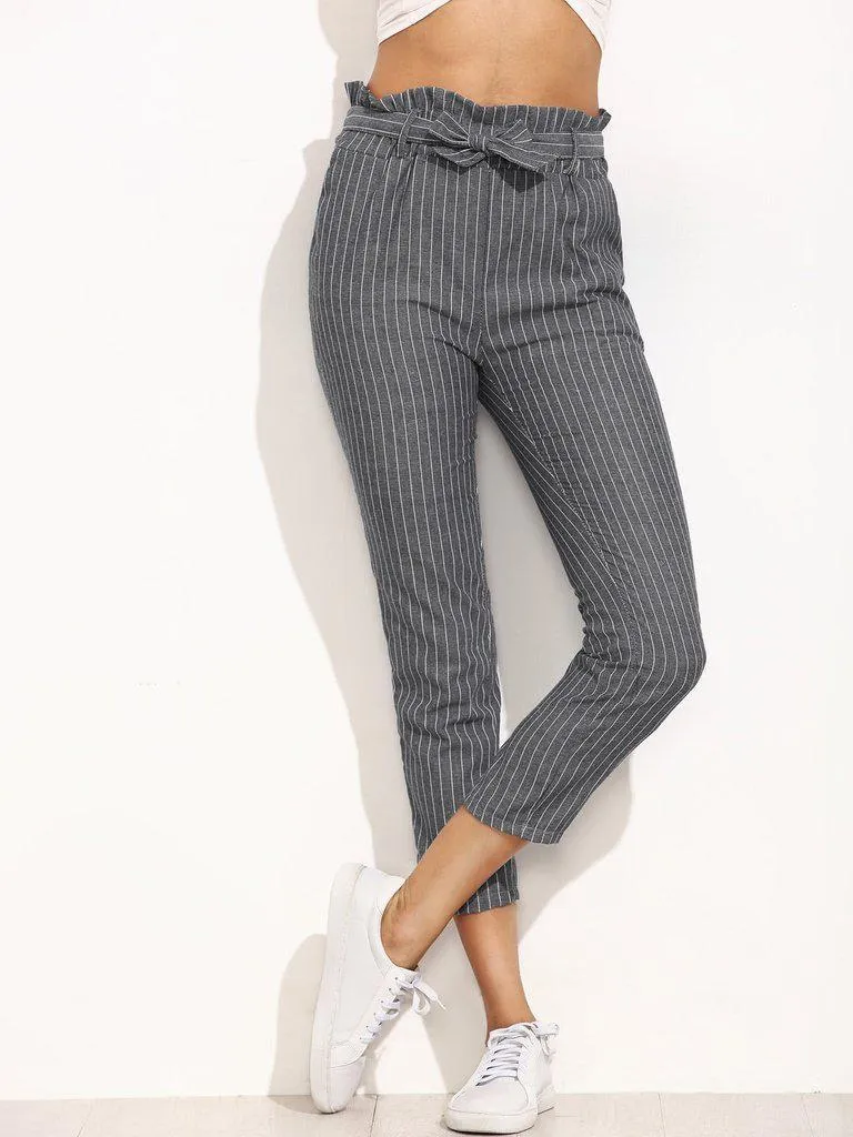 Pinstripe Frill Waist Self Tie Pants