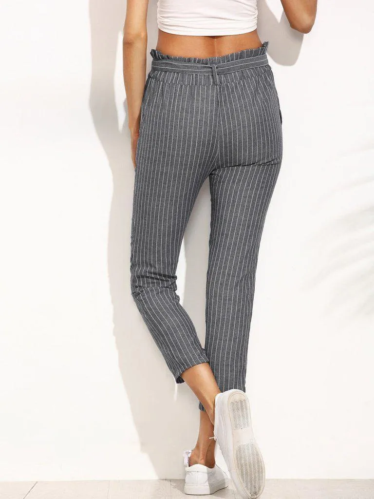 Pinstripe Frill Waist Self Tie Pants