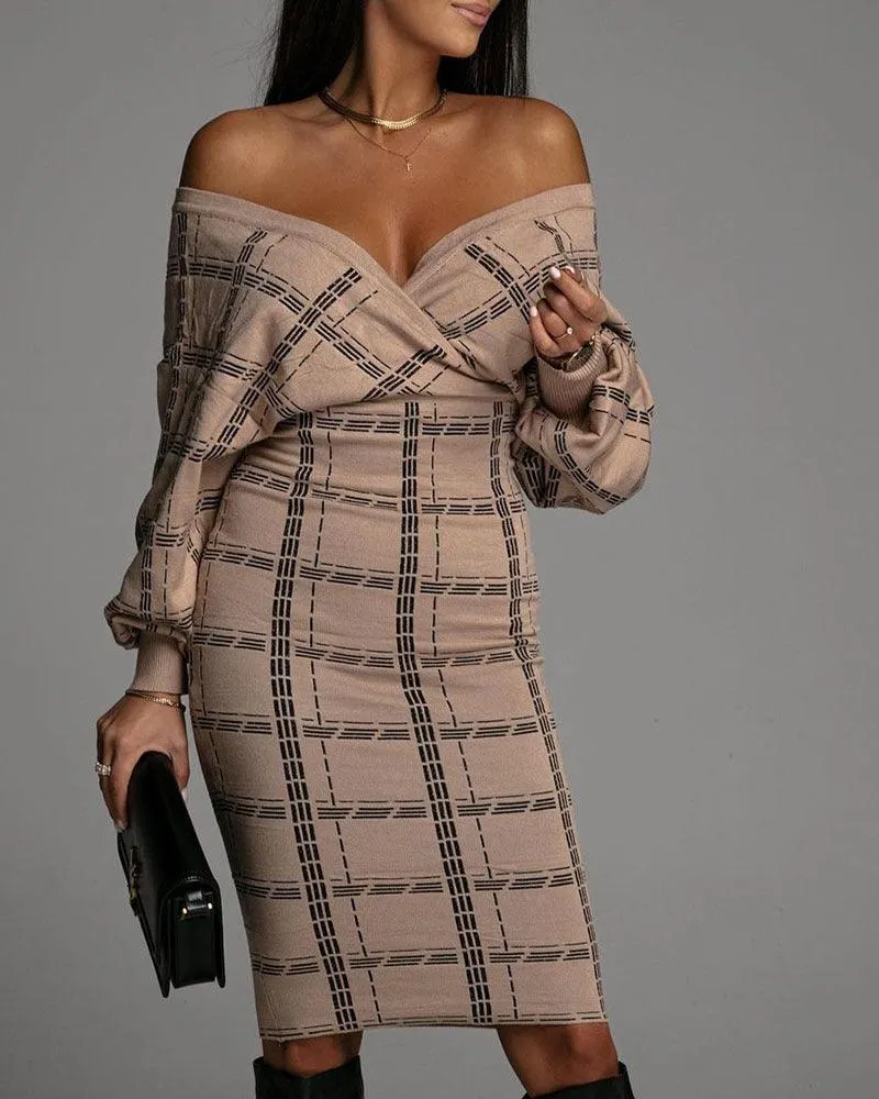 Plaid Batwing Sleeve Sexy Bodycon Dress