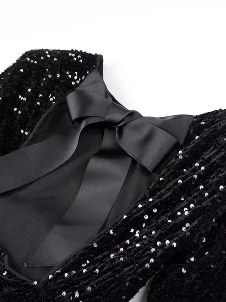 Pre Order:  Black Velvet Sequined Open Back Dress