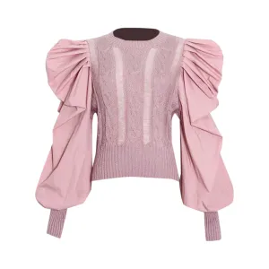 Pre Order:  Puff Sleeves Spliced Knit Sweater