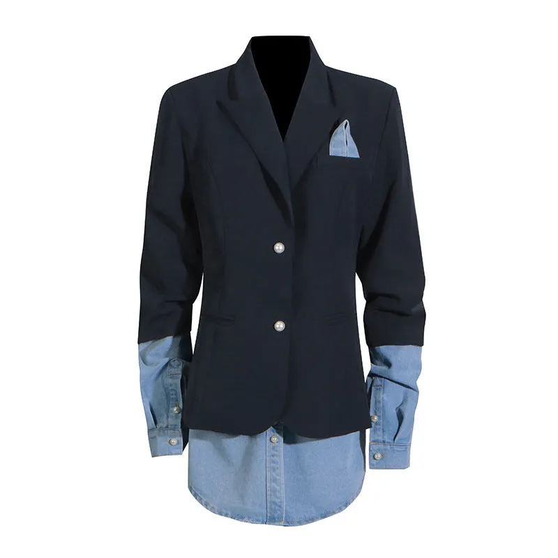 Pre Order:  Spliced Denim Long Sleeved Black Blazer