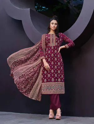 Pure Crepe Unstitched Women Suits Wine Color Dress Material