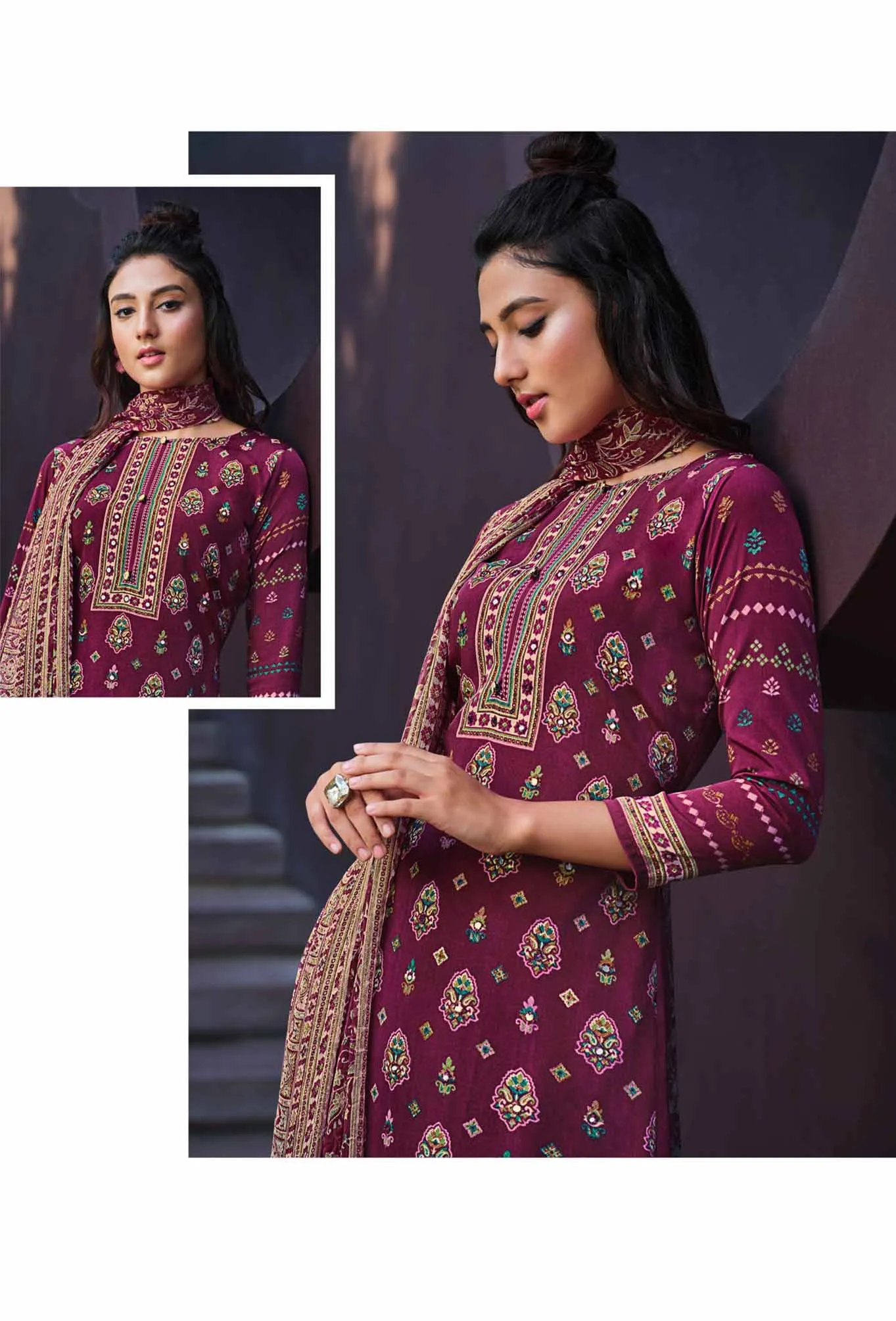 Pure Crepe Unstitched Women Suits Wine Color Dress Material