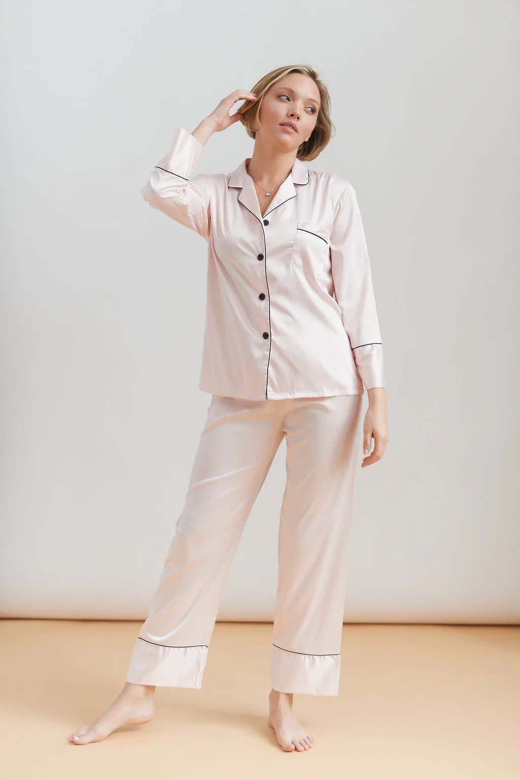 Satin Long Sleeve   Pants Pajama Set