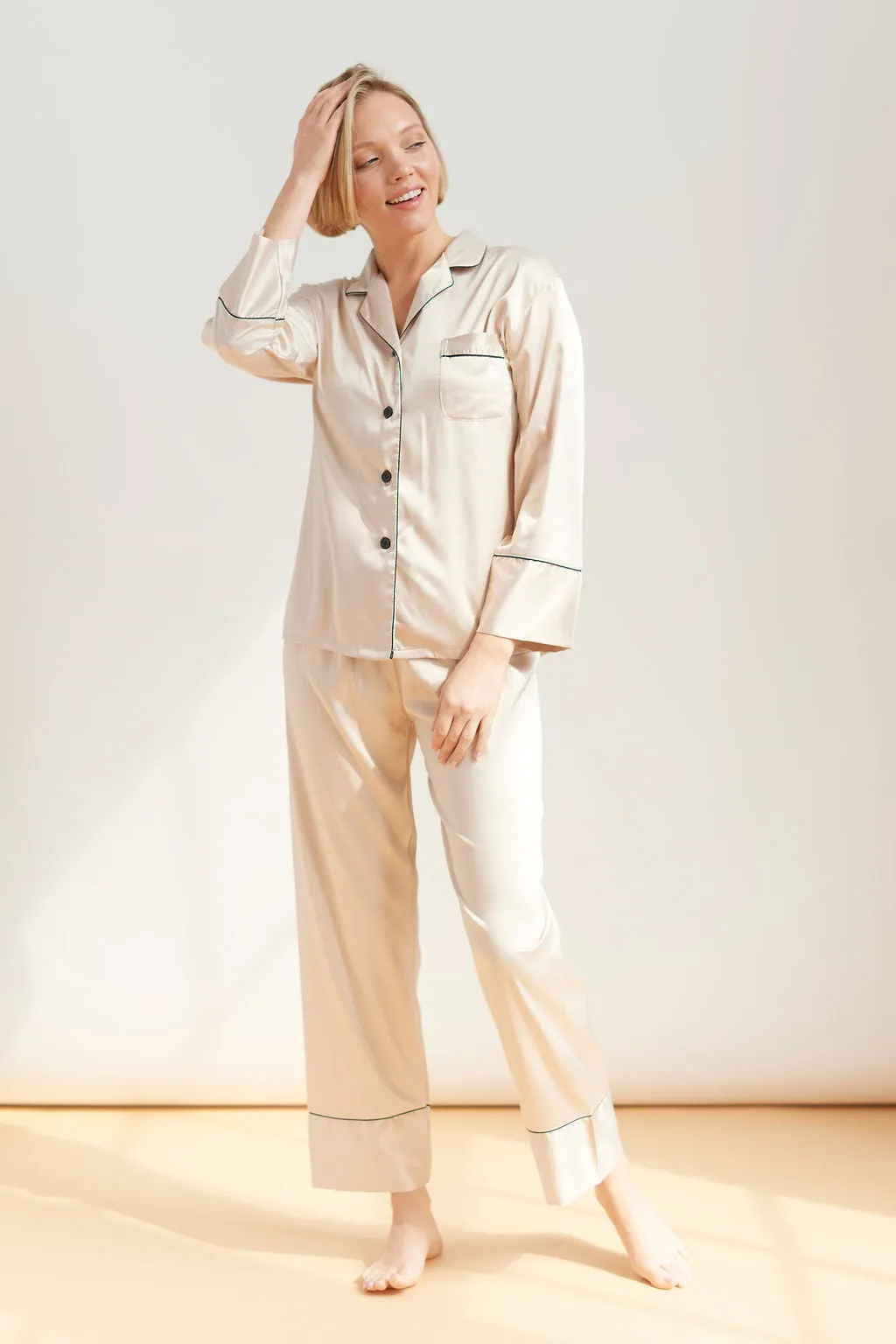 Satin Long Sleeve   Pants Pajama Set