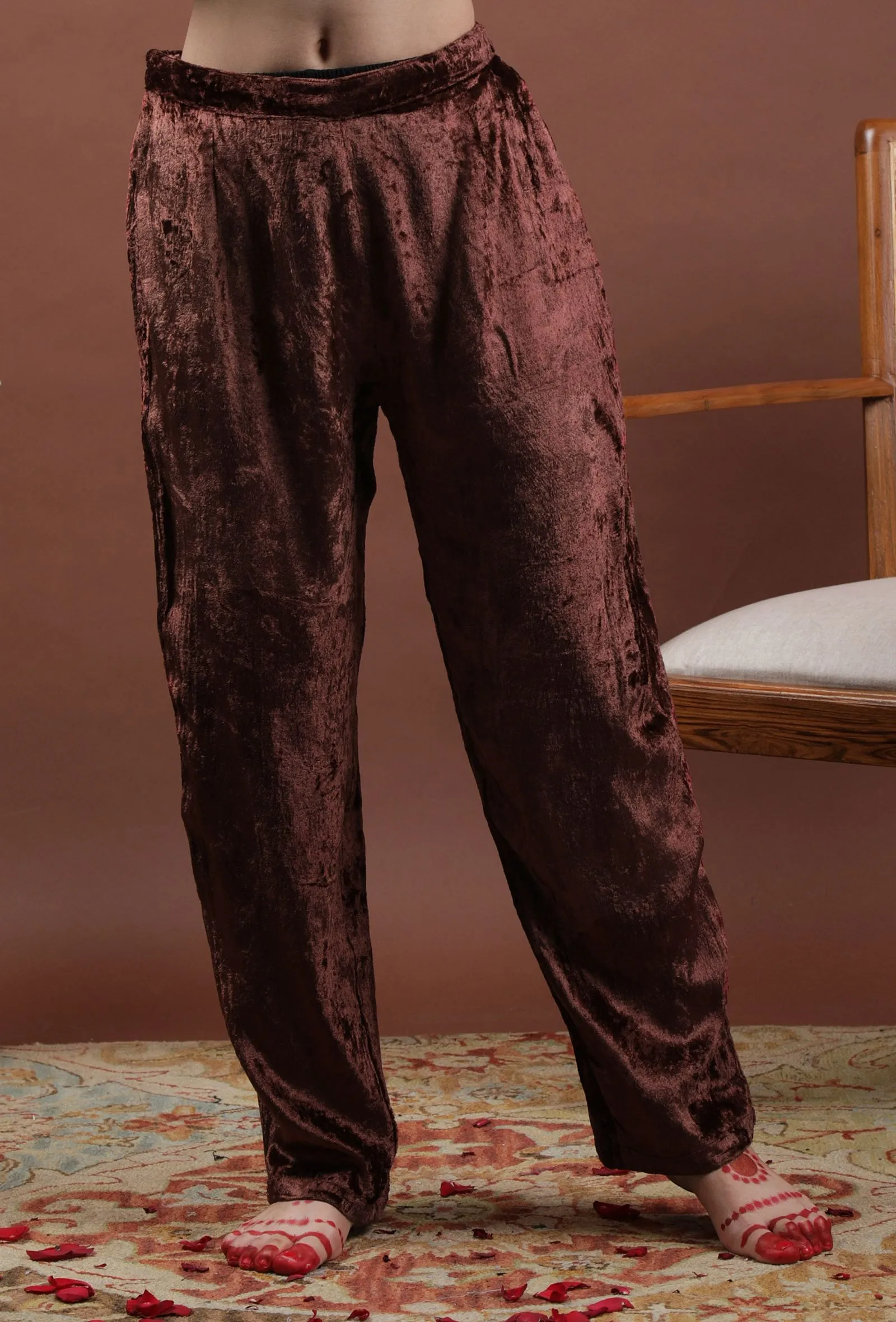 Set Of 2: Saima Rust Velvet Tilla Embroidered Phiran & Pants