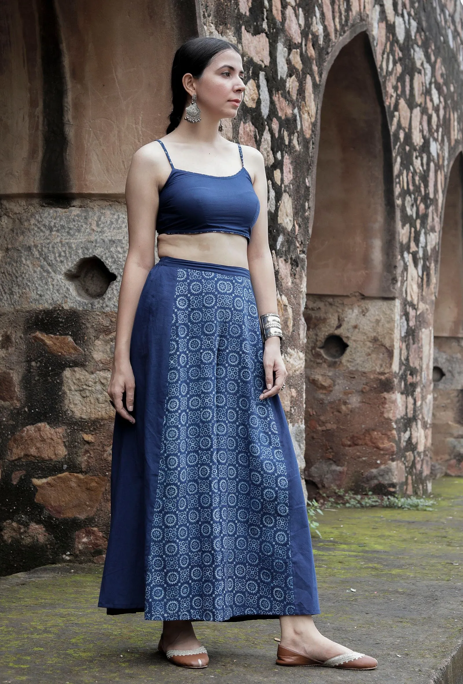 Set Of 2:Vama Indigo Blue Bustier Top & Printed-Solid Palazzo Pants