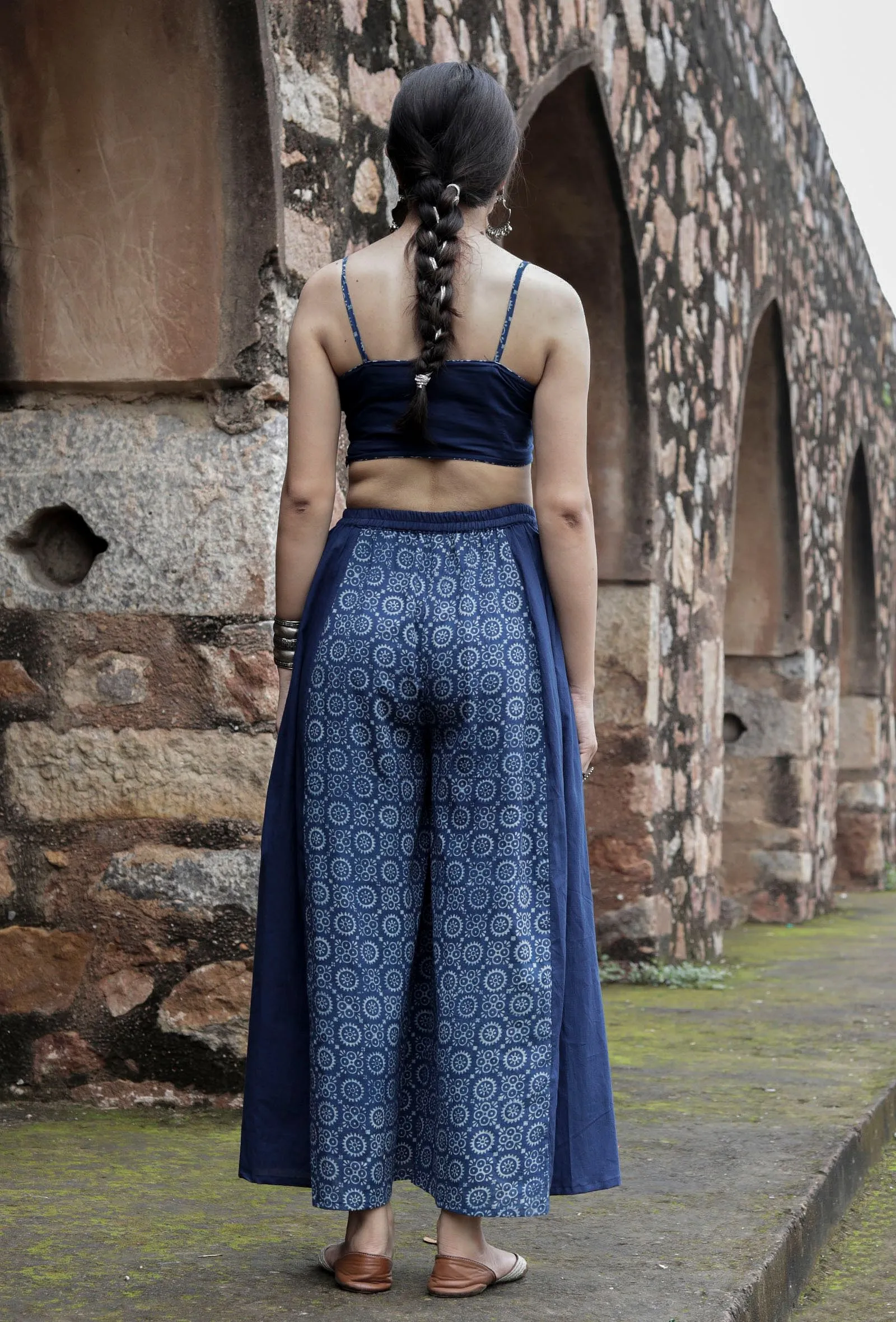 Set Of 2:Vama Indigo Blue Bustier Top & Printed-Solid Palazzo Pants