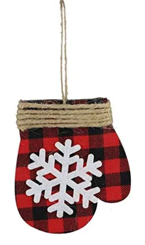 Set of 6 Buffalo Plaid Snowflake Ornaments (Red, Black)