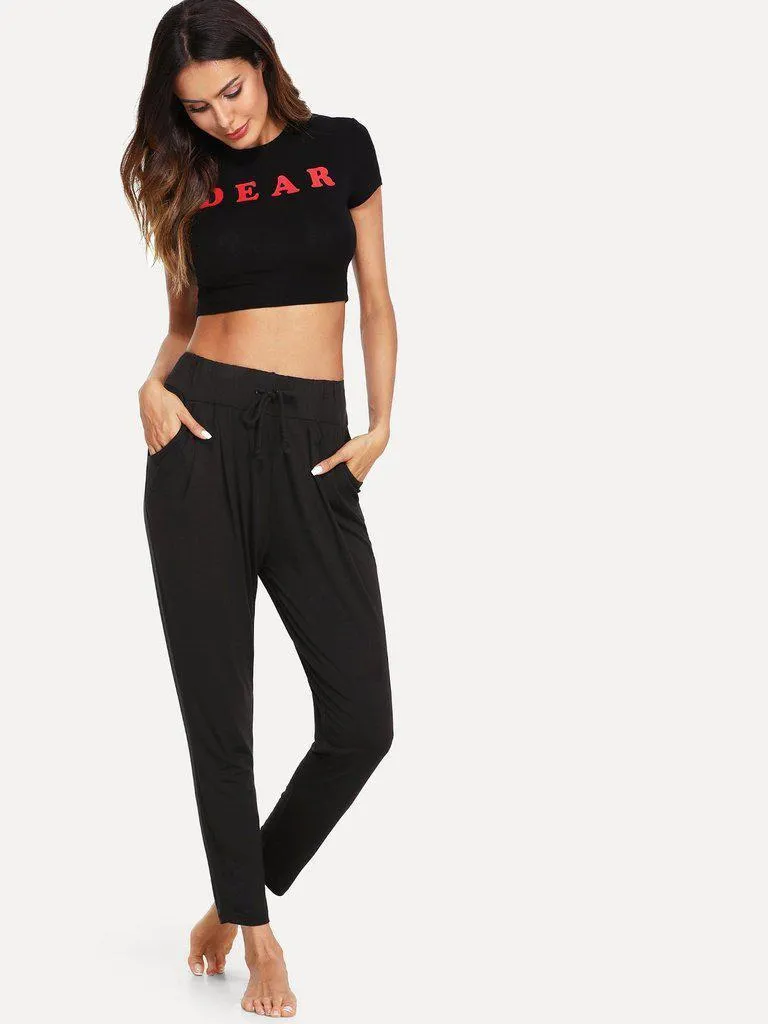 Solid Drawstring Waist Pants