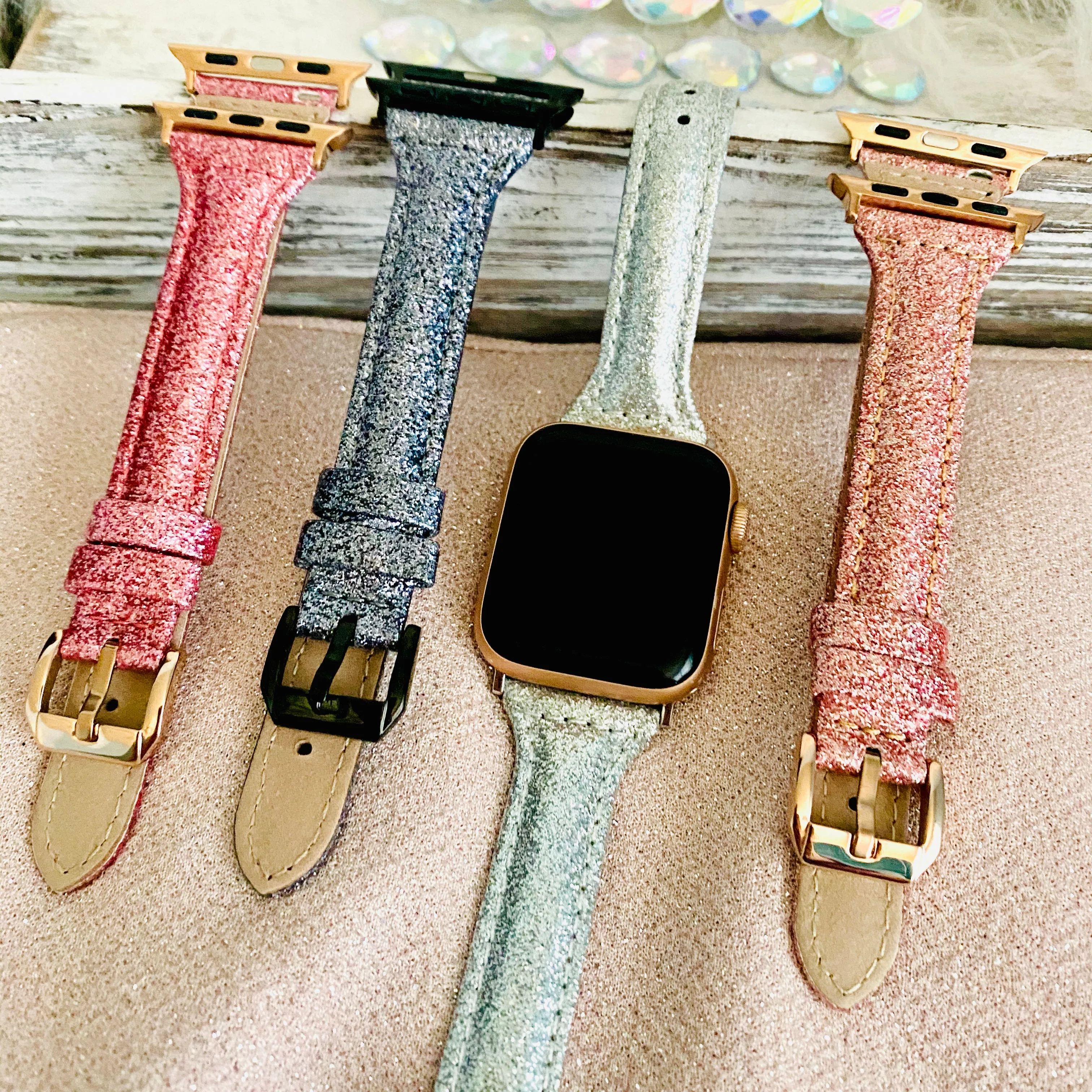 Sparkly Slim Leather Band For Apple Watch Multiple Colors Available