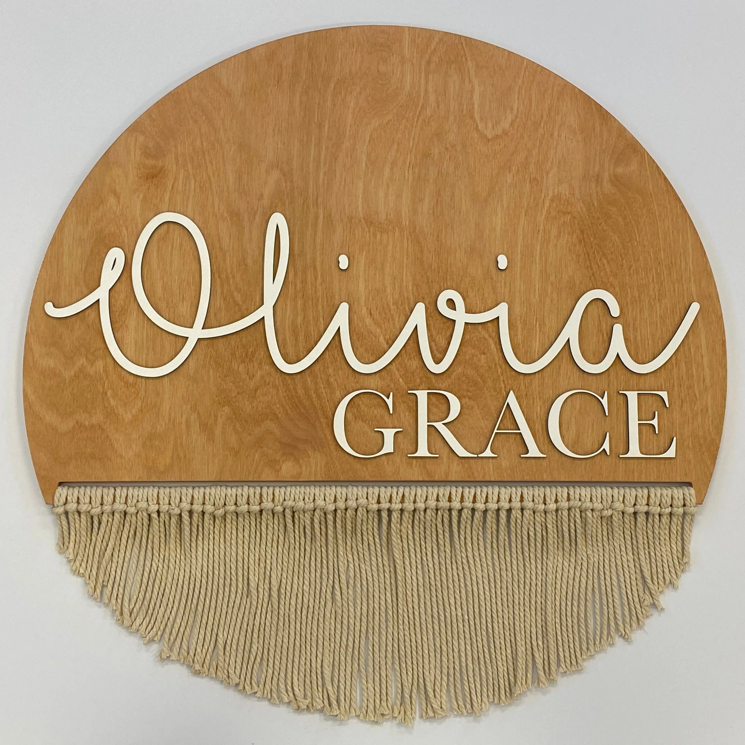 Sugar   Maple Round Personalized Wood Name Sign | Macrame