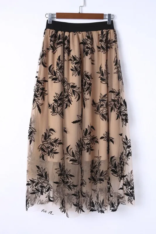 TEEK - Apricot Floral Leaves Embroidered High Waist Skirt