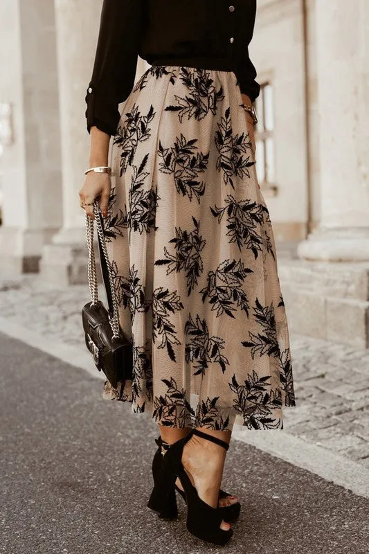 TEEK - Apricot Floral Leaves Embroidered High Waist Skirt