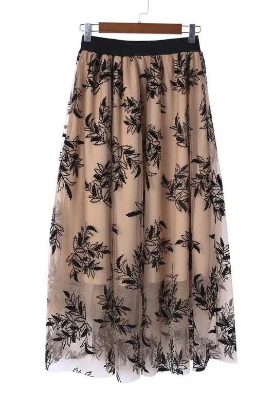 TEEK - Apricot Floral Leaves Embroidered High Waist Skirt