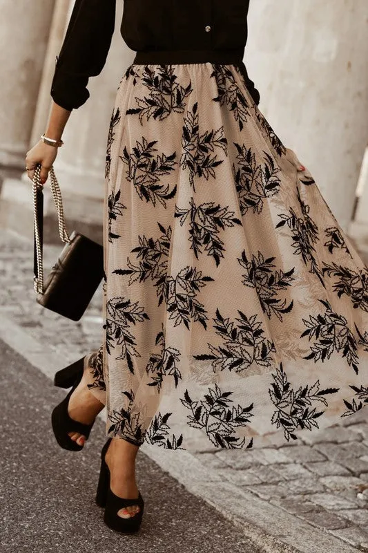 TEEK - Apricot Floral Leaves Embroidered High Waist Skirt