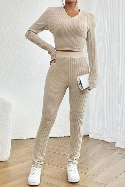 TEEK - Beige Ribbed Long Sleeve Cropped Top and Pants Set