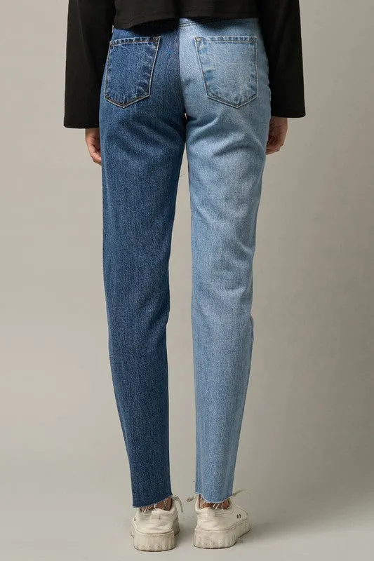 TEEK - BLUE COMBO HIGH RISE TOW TONE STRAIGHT JEANS