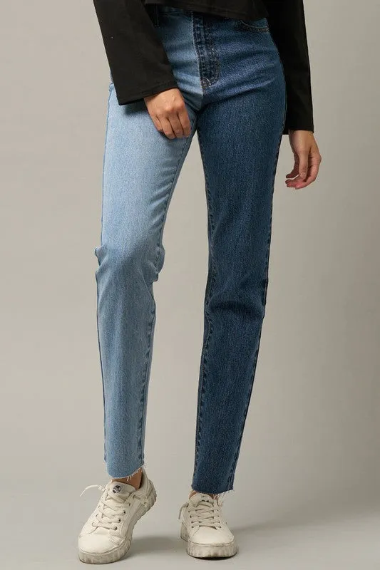 TEEK - BLUE COMBO HIGH RISE TOW TONE STRAIGHT JEANS