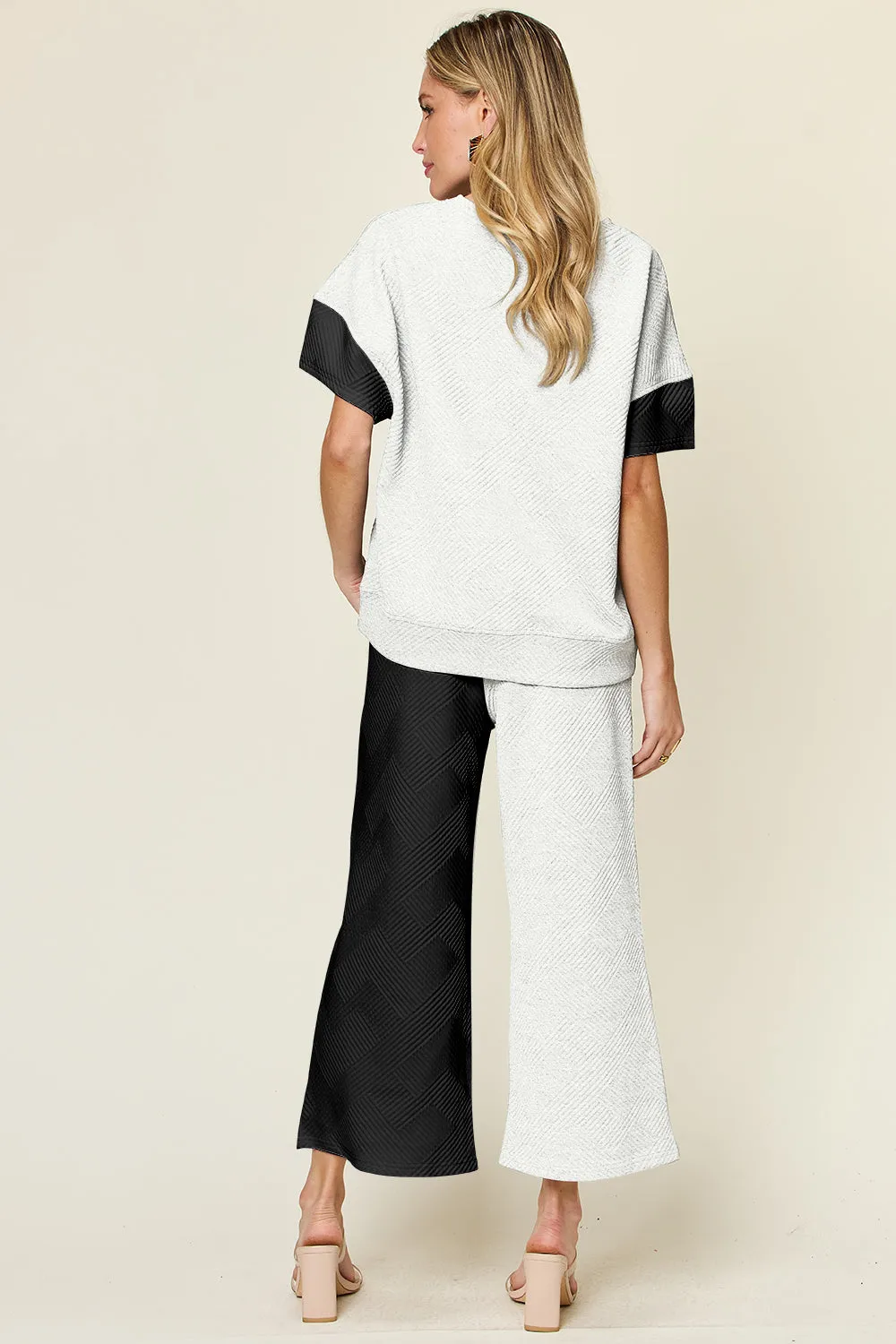 TEEK - Double Take Contrast Shirt Wide Leg Pants Set