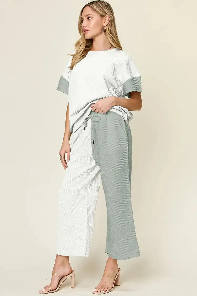 TEEK - Double Take Contrast Shirt Wide Leg Pants Set