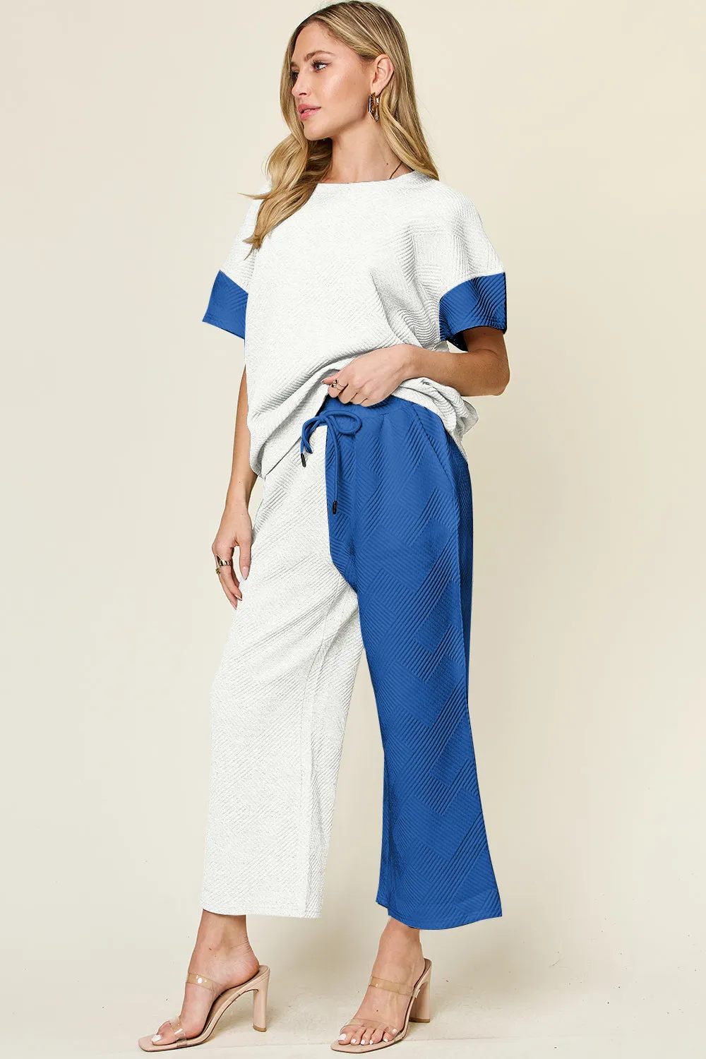 TEEK - Double Take Contrast Shirt Wide Leg Pants Set