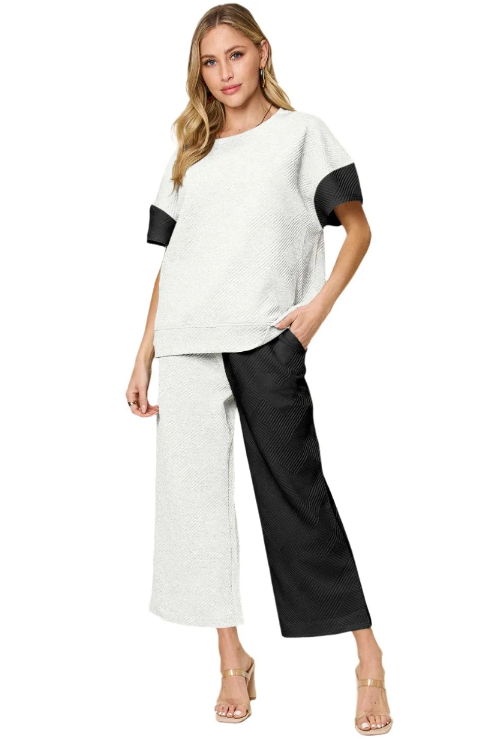 TEEK - Double Take Contrast Shirt Wide Leg Pants Set