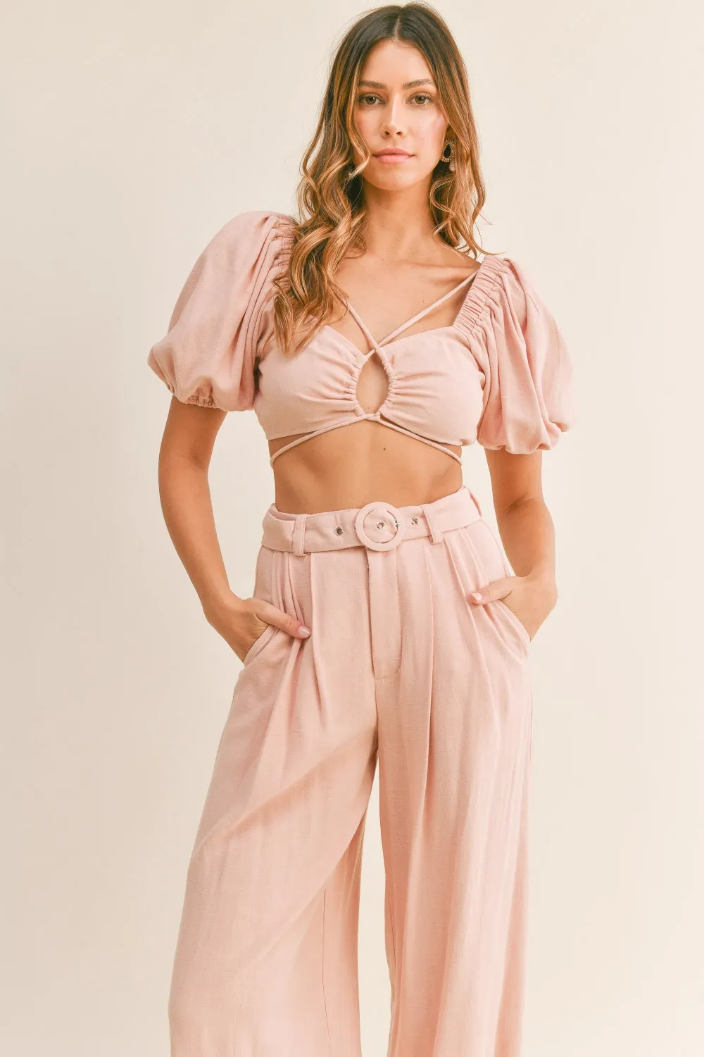 TEEK - Dusty Pink Cut Out Drawstring Crop Top Belted Pants Set