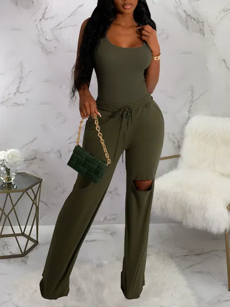 TEEK - Scoop Neck Racerback Bodysuit and Wide Leg Pant Set