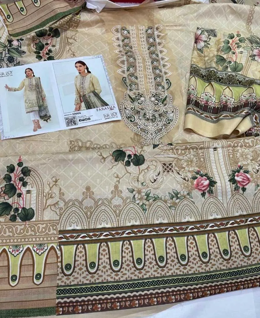 Unstitched Beige Jam Satin Pakistani Style Suits With Embroidery Patch