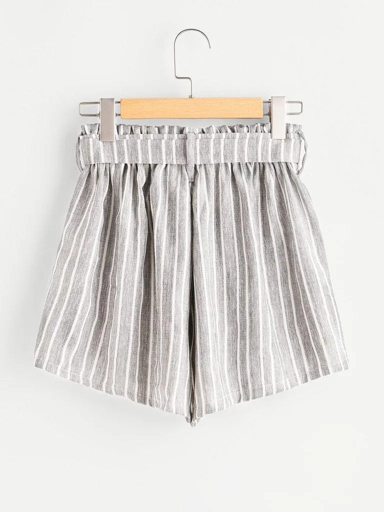 Vertical Stripe Elastic Waist Self Tie Front Shorts