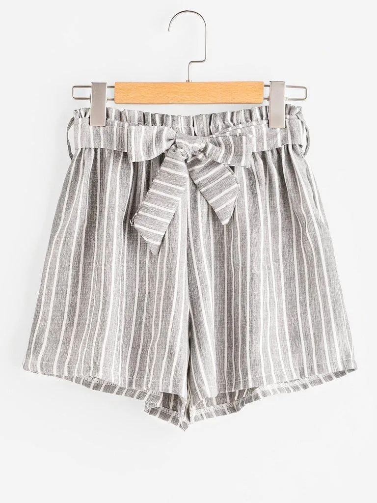 Vertical Stripe Elastic Waist Self Tie Front Shorts