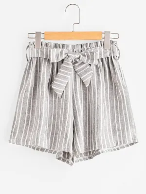 Vertical Stripe Elastic Waist Self Tie Front Shorts