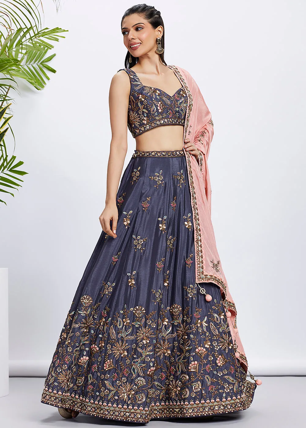 Violet Pure Chiffon Sequins & Thread Designer Lehenga Choli